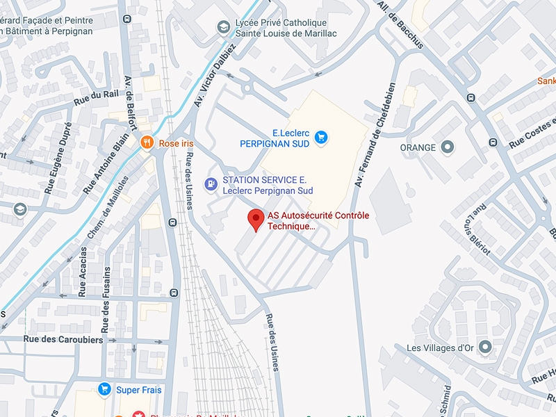 Carte AS Autosécurité Perpignan Sud : Accès E.Leclerc Carte de Perpignan Sud près de E.Leclerc, montrant l'emplacement de AS Autosécurité Contrôle Technique, Rose Iris, et la station-service Leclerc.